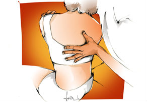Illustration einer Frau, sitzend und mit dem Rücken zum Betrachter. Der Osteopath behandelt die Frau oben zwischen den Schultern.