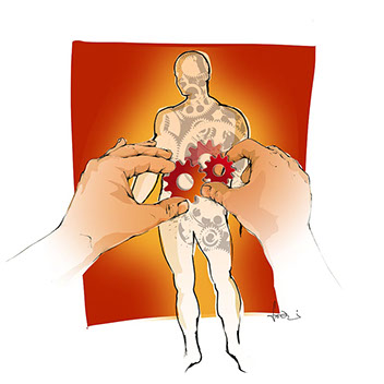 Illustration eines menschlichen Körpers, ausgefüllt mit Zahnrädern wie bei einem Urwerk, daran drehen zwei Hände
